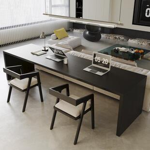 家用横厅沙发后实木书桌黑色意式极简客厅双人阅读桌大板办公桌