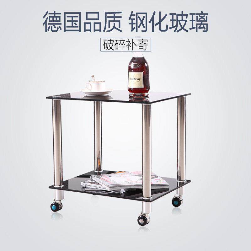 沙发边几小户型家用钢化玻璃长方形桌子茶几移动带滚轮转角小圆桌
