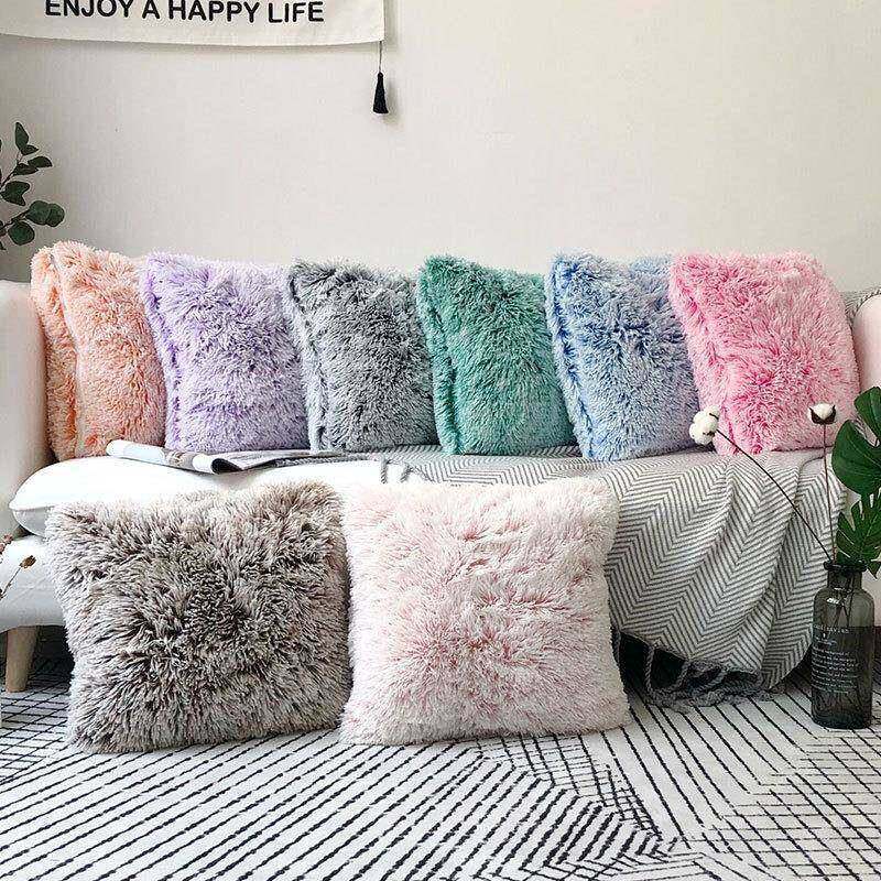 European solid color plush pillowcase sofa cushion cover抱枕图片