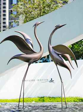 新中式彷铜仙鹤水池现代售楼部处园林景观玻璃钢装饰雕塑摆件造景