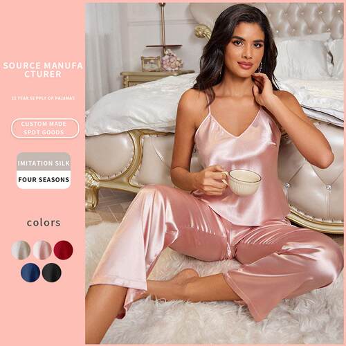 Thin Ice Silk Home Clothes Women's Strap Pants Pajama Set
