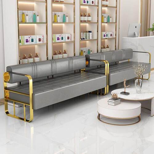 网红理发店沙发等候椅发廊专用轻奢美发店休息区不锈钢长条沙发椅