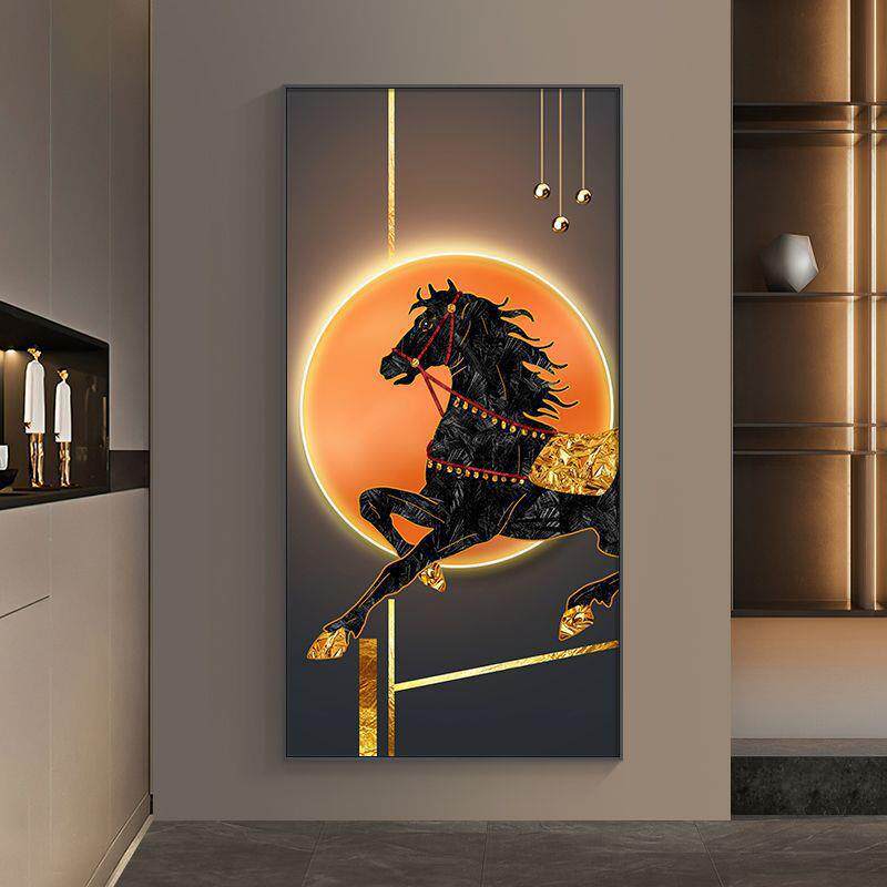 八骏图现代轻奢玄关装饰画感竖版大气马到成功挂画客厅走廊画