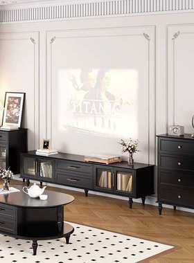 XLL全实木茶几电视柜组合小户型美式复古黑色地柜整装现代简约电