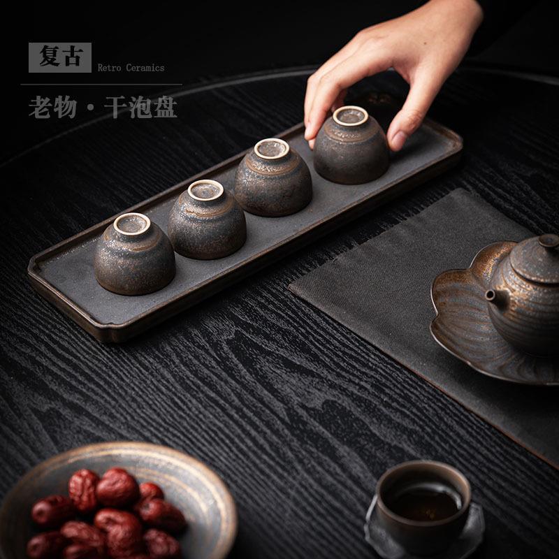 陶瓷长方形茶盘茶杯收纳盘创意凉杯架复古鎏金干泡盘壶托家用茶台图片