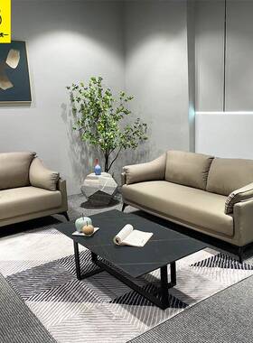 虎一办公家具商务办公沙发茶几简约现代灰白色彩色西皮三人位