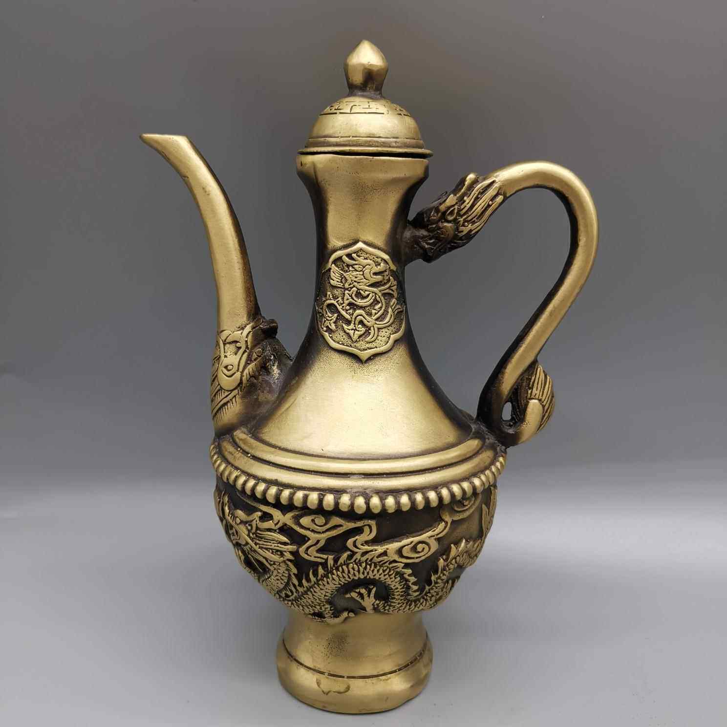 新款直销仿古黄铜双龙酒壶摆件古玩收藏黄铜酒壶茶壶铜壶家居摆设