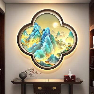 千里江山图玄关装饰画新中式梅花形走廊挂画假窗户入户门带灯壁画