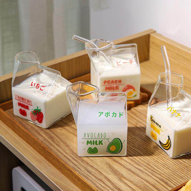 创意少女心方形奶盒杯家用高硼硅玻璃杯吸管杯可微波加热水杯
