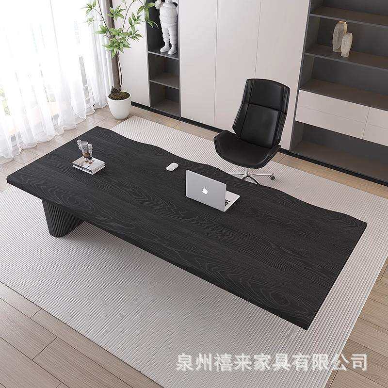 意式极简实木老板桌现代原木大板工作台黑色书桌创意办公桌椅组合
