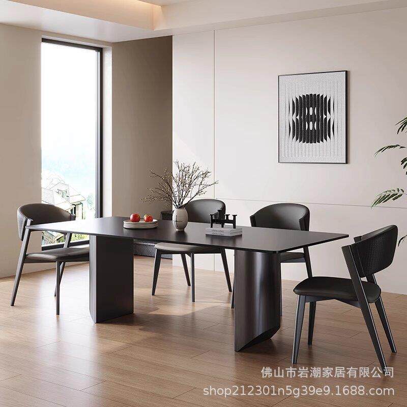 意式极简黑色岩板餐桌椅组合现代简约长方形高端别墅德利丰极光黑