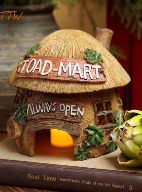 可爱童话风格蘑菇草屋装饰花园手绘摆件艺术烛台创意树脂家居礼物