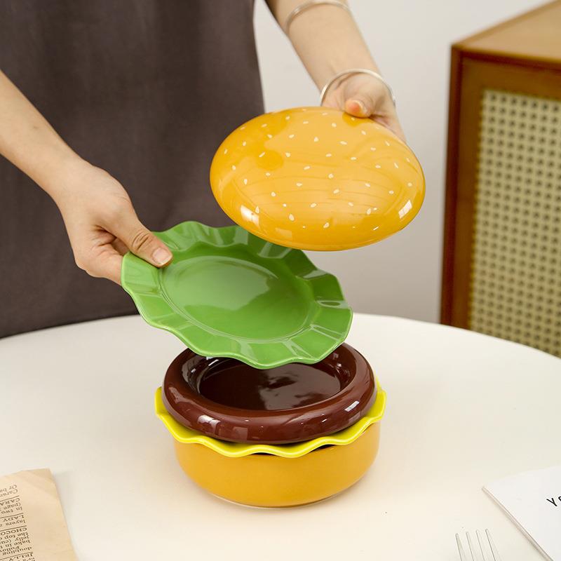 跨境一人食汉堡造型创意陶瓷餐具送礼家用餐盘盘子碟子点心盘