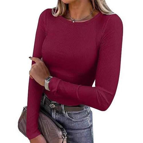 Women's long sleeved elastic round neck T-shirt top