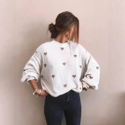 Women Over Heart Print Drop Shoulder Sweater Casual Sleeve