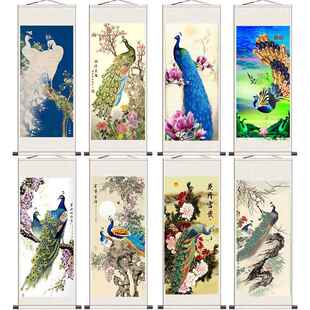 中国画丹凤朝阳花鸟凤凰画孔雀画绢卷挂画卧室客厅装饰有框