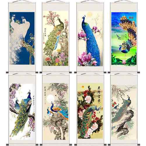 中国画丹凤朝阳花鸟凤凰画孔雀画绢卷挂画卧室客厅装饰有框
