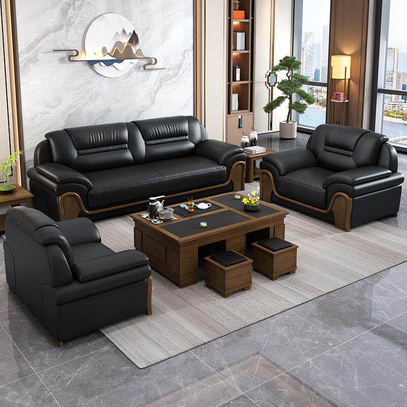 办公室沙发新中式实木会客接待商务真皮三人位办公沙发茶几组合