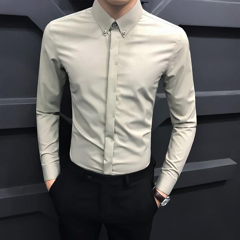 春季高端男士长袖衬衫2026新款商务暗扣高级休闲衬衣白色修身男装