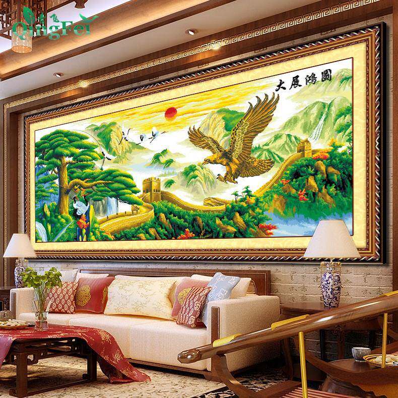 青飞精准印花大展宏图迎客松十字绣大幅山水画客厅卧室挂画