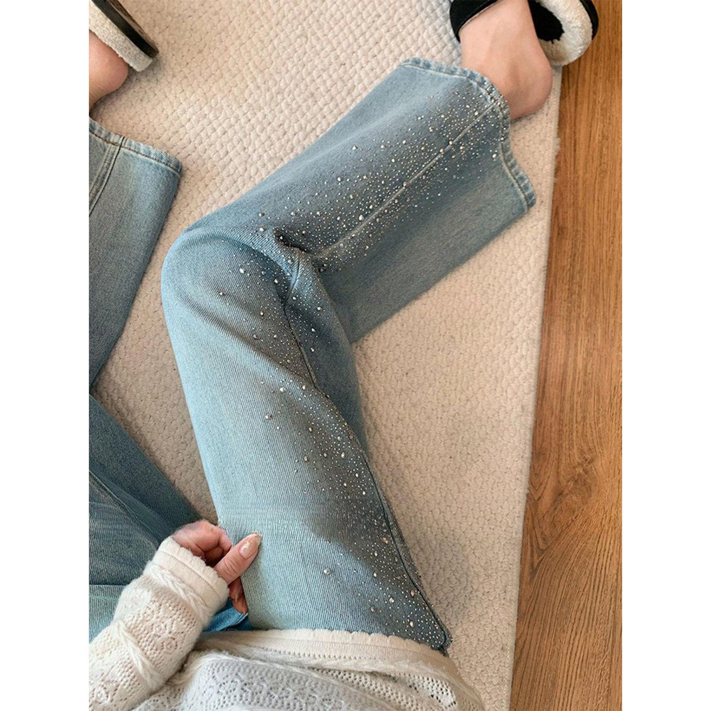 潮牌侧边烫钻直筒牛仔裤女春季新款小个子显瘦九分带钻阔腿裤子