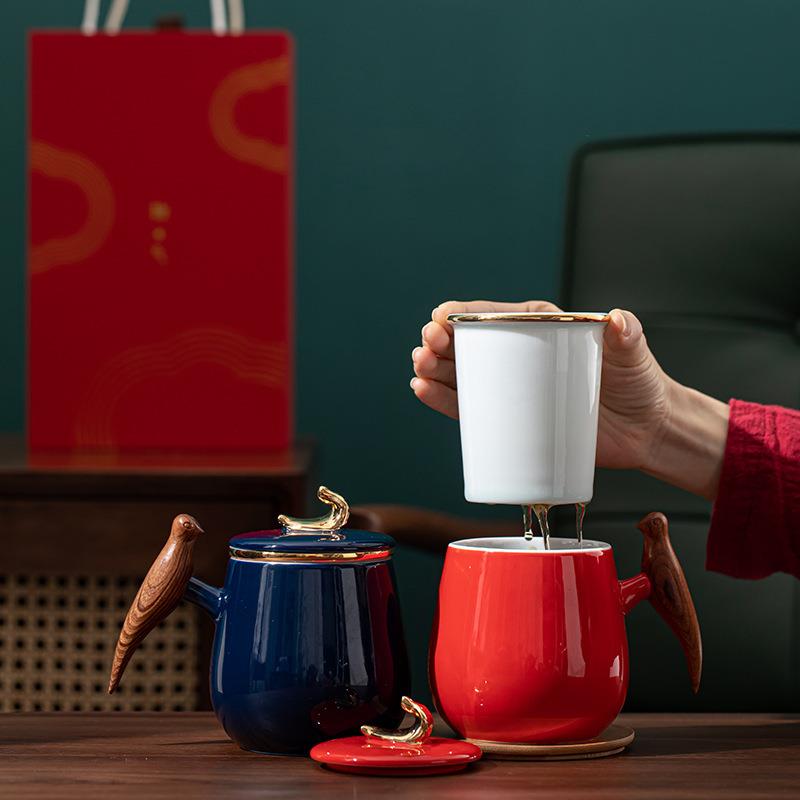 办公室泡茶杯茶水分离杯陶瓷杯子带盖过滤杯马克杯送新人个人杯子