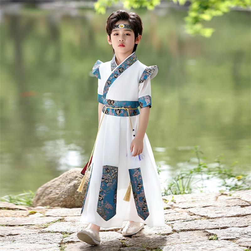 汉服男童夏季薄款儿童古装小男孩雪纺短袖夏装长款透气帅气国学服