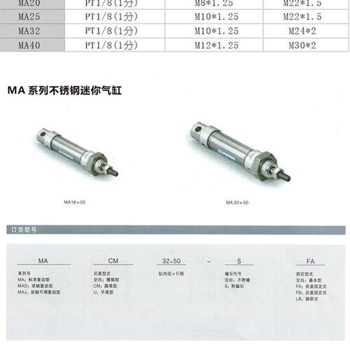 气动元件 不锈钢迷你气缸MA40*25/50/75/100/125/150/175/200/-S