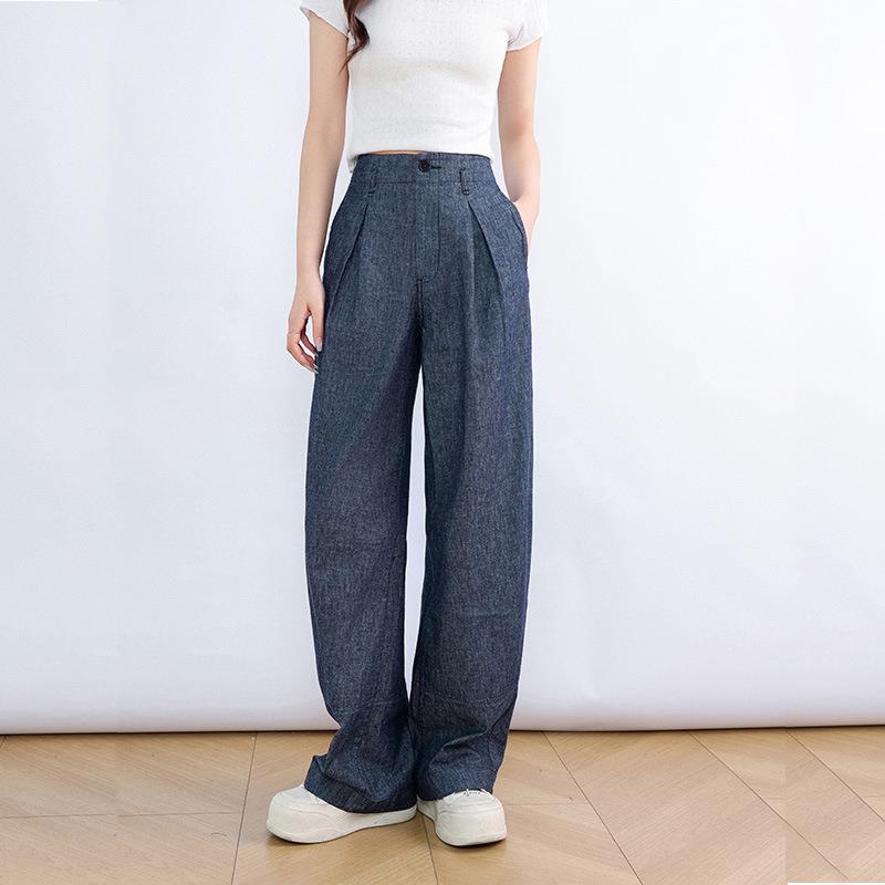 慵懒松弛棉麻阔腿牛仔裤女夏薄款凉感高腰宽松直筒加长款女装裤子