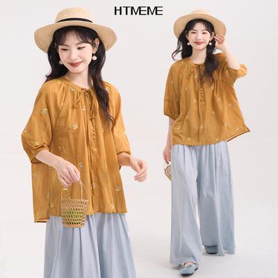花田橱窗HTmeme 塞纳花房~刺绣碎花绑带圆领衬衫女夏季防晒上衣