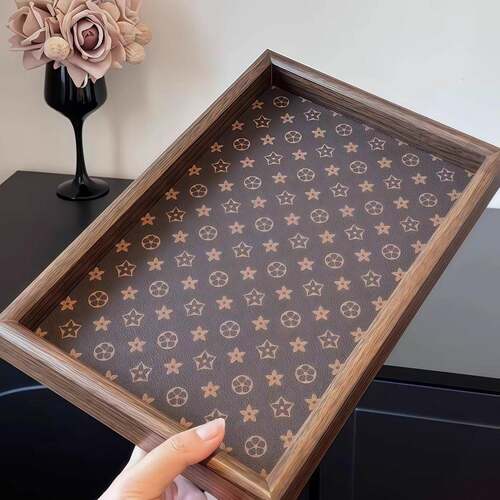 中古复古长方形桌面首饰摆件钥匙玄关收纳盒轻奢皮革茶盘托盘家用