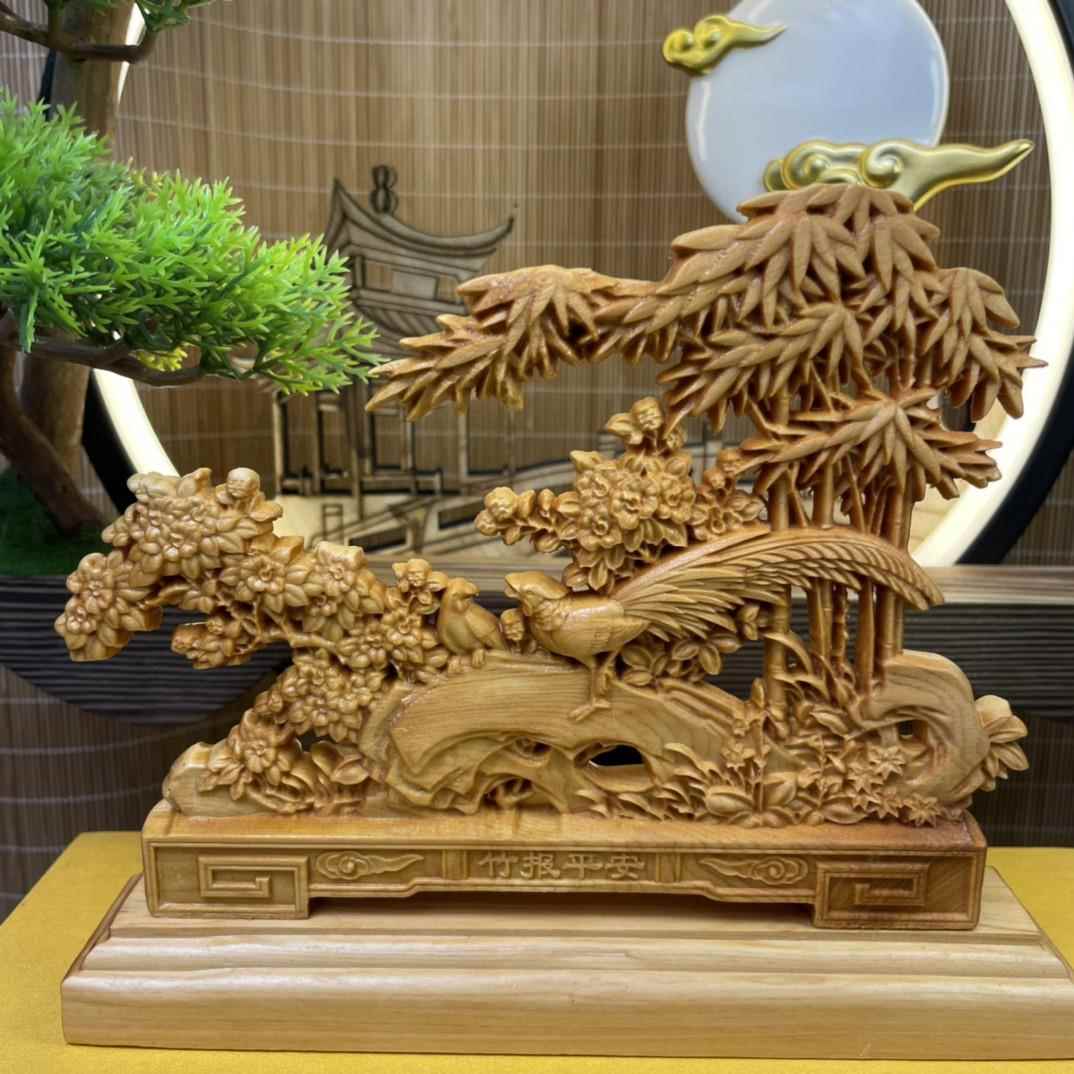 崖柏木摆件雕刻竹报平安木质工艺品镂空设计装饰品客厅艺术品