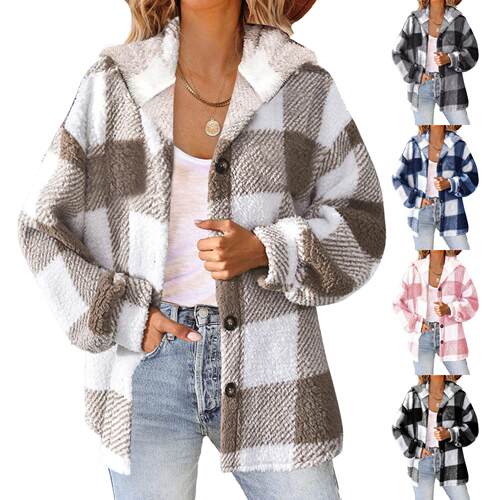 Printed plaid hooded jacket, plush warm jacket for