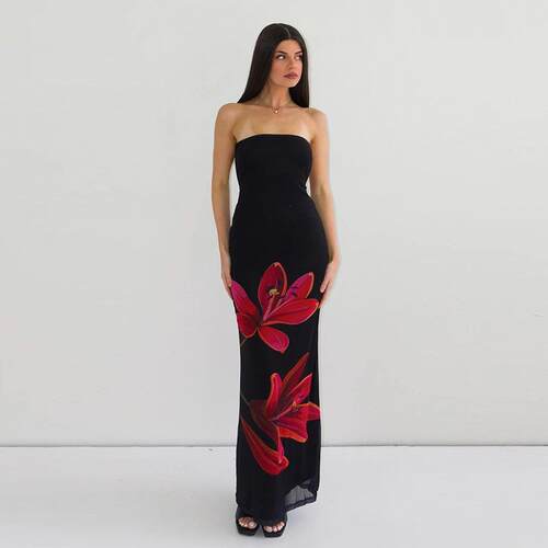 Womens Floral Print Backless Bodycon Mesh Tube Dress