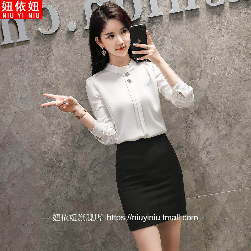 职业雪纺衬衫女2025新款秋季时尚缎面白色长袖工作服立领上衣衬衣