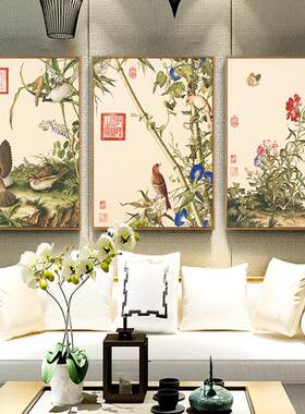 郎世宁花鸟工笔画现代新中式装饰画客厅房间墙家居软装牡丹花挂画