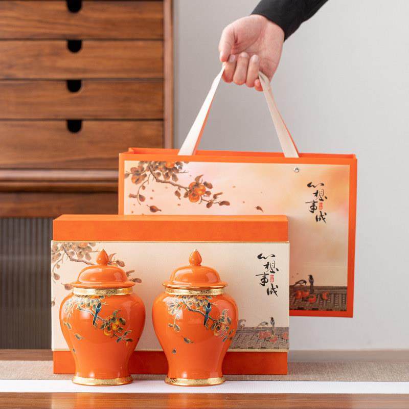 将军罐柿柿如意茶叶罐礼盒装空盒金骏眉红茶普洱茶白茶国潮包装盒,餐饮具,茶叶罐,淘宝优惠券,粉丝福利购,淘宝优惠卷