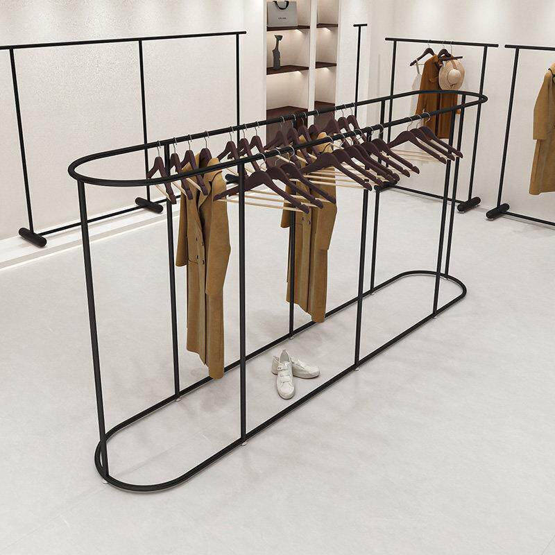 中岛陈列架服装店中间陈列双排衣架铁艺黑色圆形货架女装店展示架