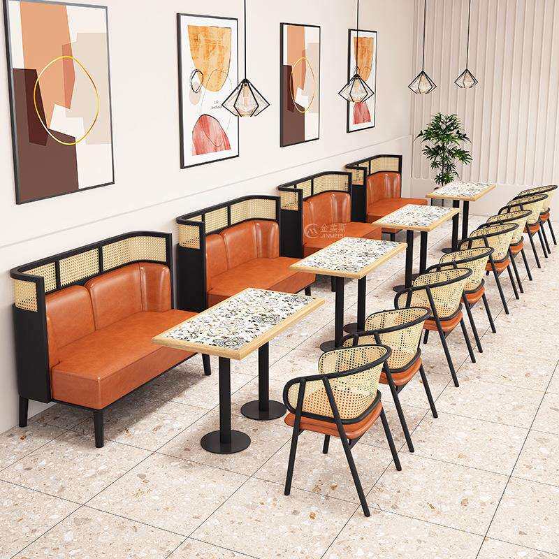 咖啡厅靠墙卡座沙发实木桌椅组合编藤饭店大理石桌子餐厅椅子