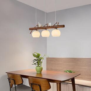餐厅吊灯三头新中式 饰灯具 长条吧台灯餐桌饭厅灯胡桃色复古小鸟装