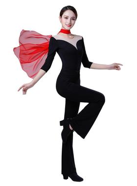 形体服撞色拼纱优雅体态练习裤子套装新款黑色舞蹈练功服集训服装