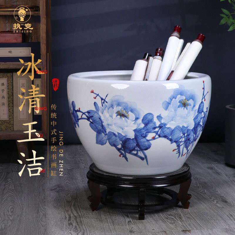 手绘青花瓷景德镇陶瓷摆件客厅养乌龟莲盆荷花缸水缸庭院室大摆件
