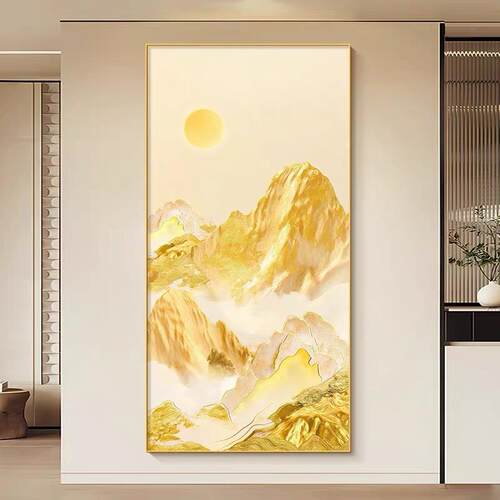 日照金山玄关装饰画现代简约高档金箔楼梯间挂画背有靠山客厅壁画