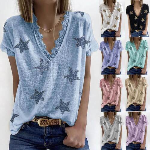 Women's collar printed lace T-shirt top