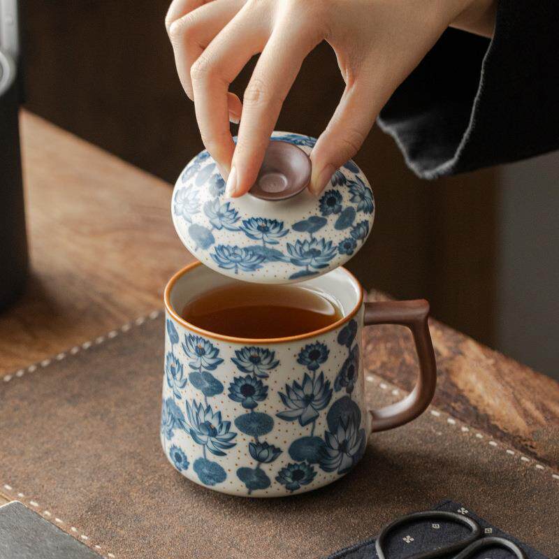 汝窑步步生莲办公杯陶瓷带盖茶水分离杯家用中式马克杯泡茶杯