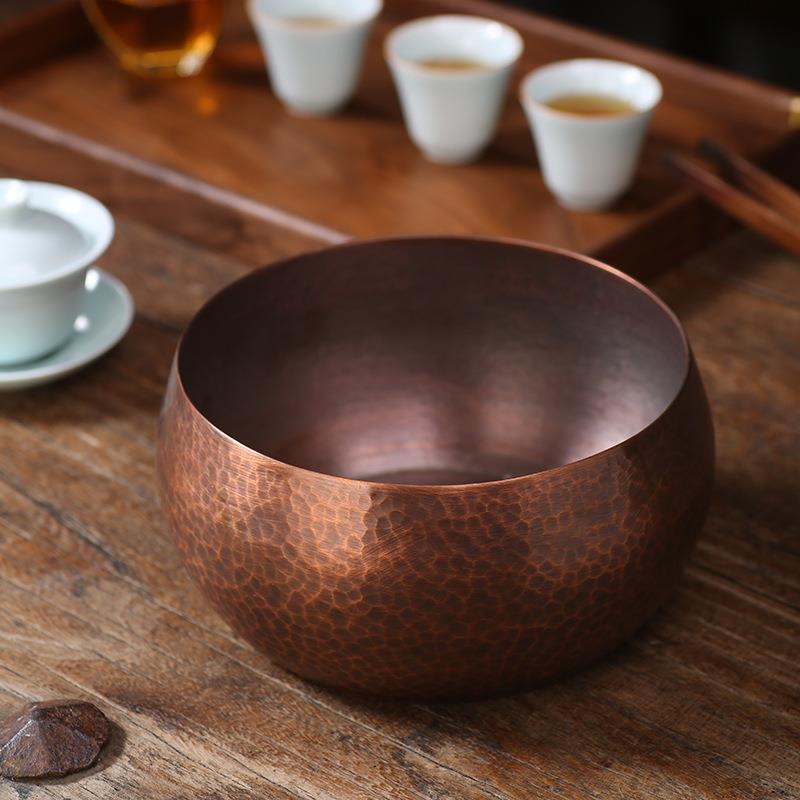 纯铜茶洗手工锤目纹紫铜茶洗建水 大号加厚水盂水洗笔洗茶道配件