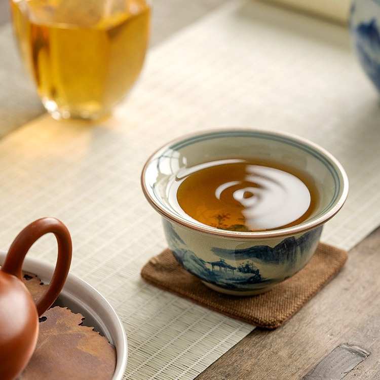 瓷都青花山水主人杯陶瓷手绘功夫茶具茶杯单杯品茗杯老陶泥手工