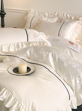 法式轻奢WIQ冰丝套凉真感四件套水洗丝被套裸睡单床三件被罩床上