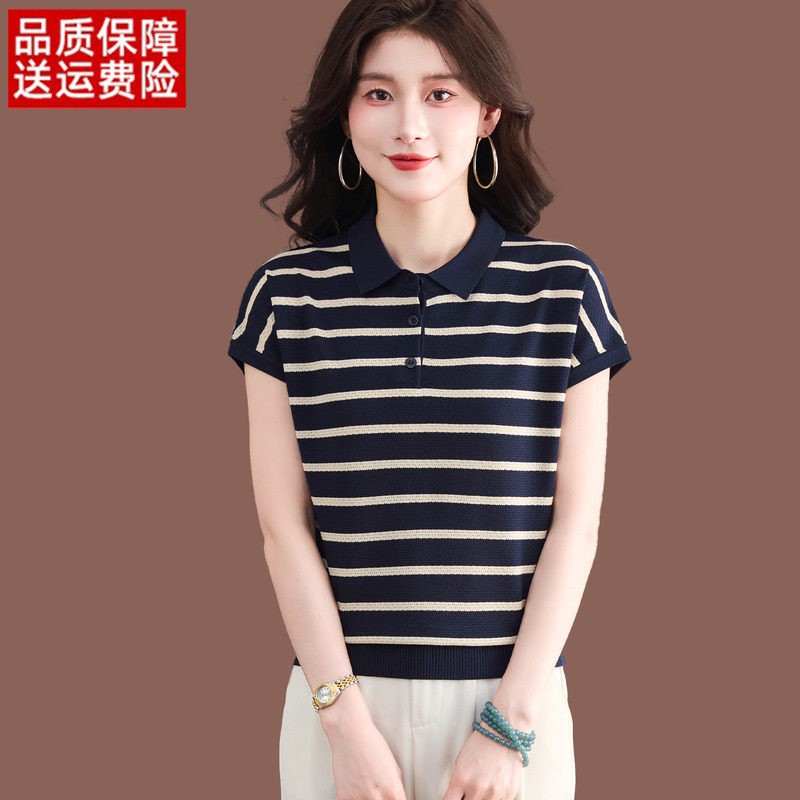 翻领短袖t恤女夏季新款洋派短款宽松条纹显瘦上衣薄款冰丝针织衫
