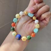 新品 天然湖北原矿绿松石多宝手链搭配青金石24K搓金太阳18K金配饰